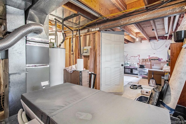 basement featuring gas water heater and heating unit