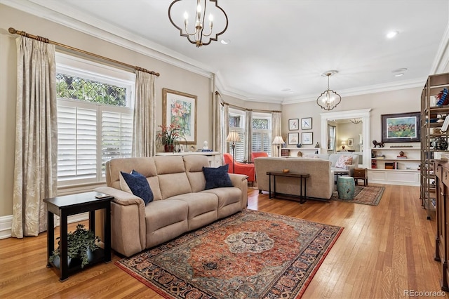 836 E 17th Ave Unit 1A, Denver, CO 80218 - living room with a chandelier, healthy amount of natural light, light wood-style floors, recessed lighting, and ornamental molding