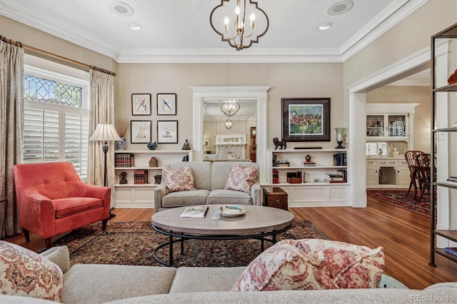 836 E 17th Ave Unit 1A, Denver, CO 80218 - living room with a chandelier, wood finished floors, and crown molding