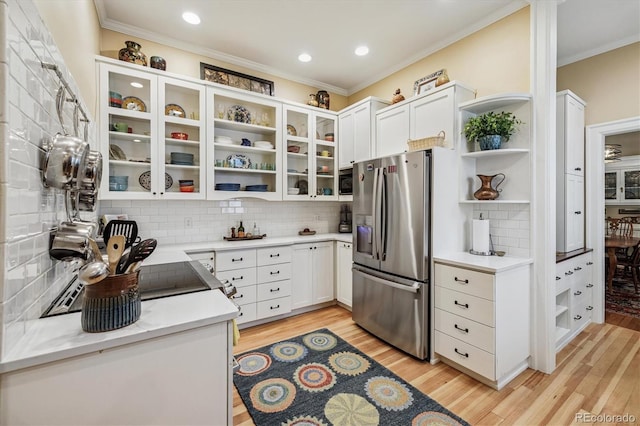 836 E 17th Ave Unit 1A, Denver, CO 80218 - kitchen featuring open shelves, stainless steel fridge with ice dispenser, tasteful backsplash, ornamental molding, and white cabinetry