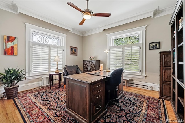 836 E 17th Ave Unit 1A, Denver, CO 80218 - office featuring a baseboard heating unit, light wood finished floors, a ceiling fan, and crown molding
