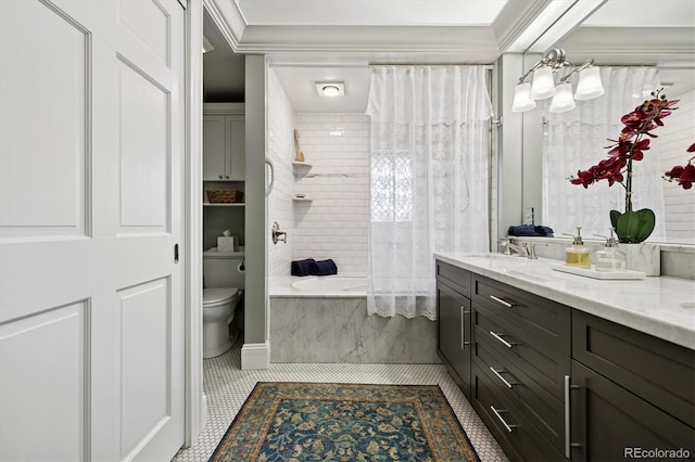 836 E 17th Ave Unit 1A, Denver, CO 80218 - bathroom featuring a combined bath / shower with marble appearance, double vanity, a chandelier, and tile patterned flooring