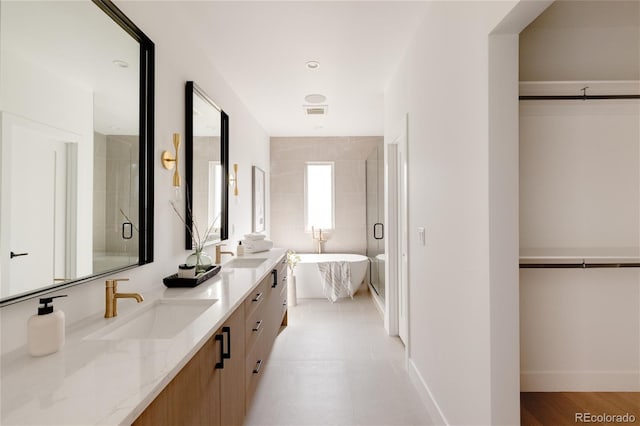 bathroom featuring vanity and independent shower and bath