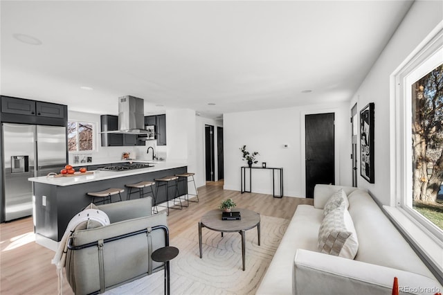 living room with sink and light hardwood / wood-style floors