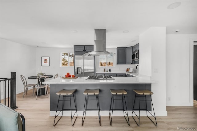 kitchen with gray cabinets, island range hood, a kitchen bar, kitchen peninsula, and stainless steel appliances