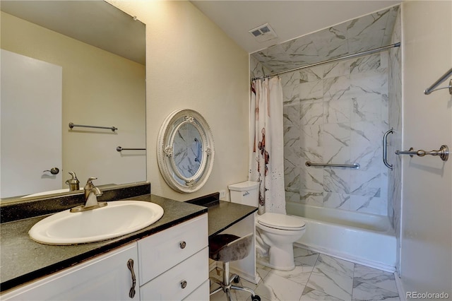 full bathroom featuring shower / bath combo with shower curtain, vanity, and toilet