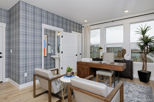 office area featuring baseboards, light wood-type flooring, recessed lighting, and wallpapered walls