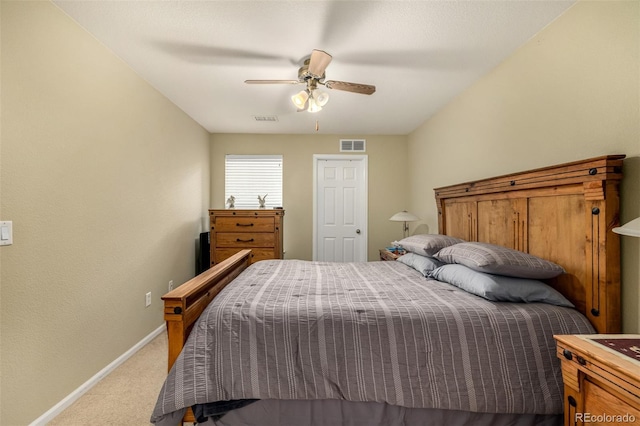 bedroom with a ceiling fan, carpet, visible vents, and baseboards