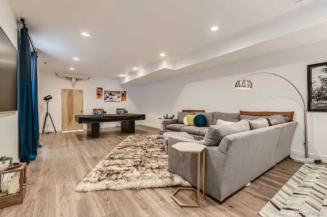 3632 N Pecos St, Denver, CO 80211 - living area with billiards, light wood finished floors, recessed lighting, and baseboards