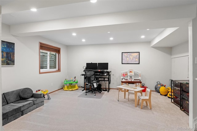 playroom with baseboards, recessed lighting, and carpet flooring