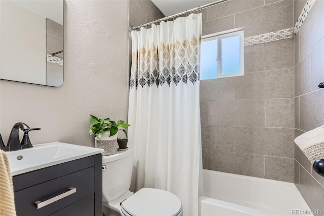 1171 Syracuse St, Denver, CO 80220 - bathroom with toilet, vanity, and shower / bath combination with curtain