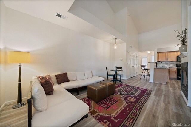 5465 Zephyr St Unit 201, Arvada, CO 80002 - living room featuring light wood finished floors and high vaulted ceiling