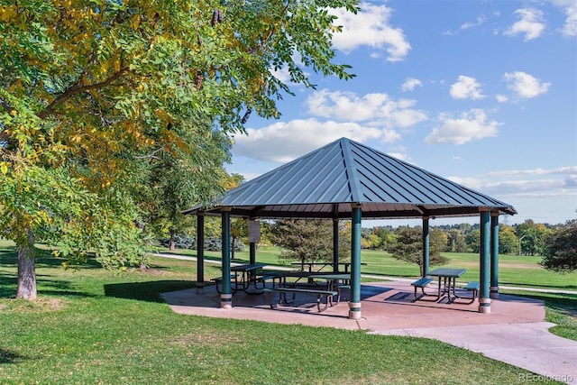 view of community featuring a gazebo and a lawn