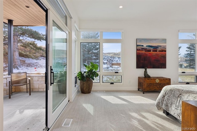 bedroom featuring light carpet, multiple windows, visible vents, and access to exterior