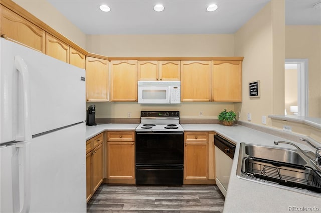 kitchen with a sink, white appliances, light brown cabinets, and light countertops