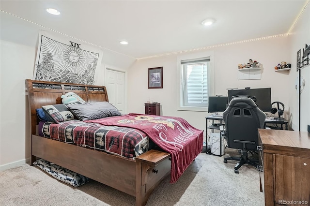 carpeted bedroom featuring crown molding