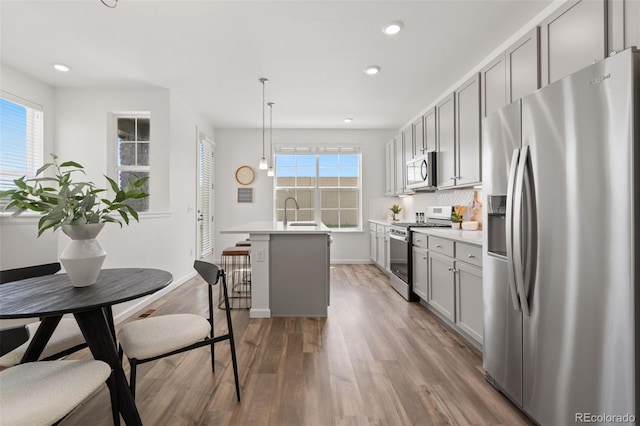 2140 Santini Trl Unit F, Littleton, CO 80129 - kitchen with appliances with stainless steel finishes, gray cabinetry, wood finished floors, a sink, and light countertops