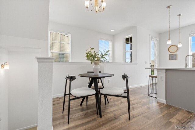 2140 Santini Trl Unit F, Littleton, CO 80129 - dining room featuring wood finished floors, healthy amount of natural light, baseboards, and a chandelier