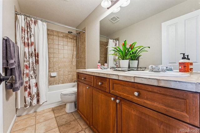 full bath featuring visible vents, toilet, shower / bathtub combination with curtain, tile patterned flooring, and vanity