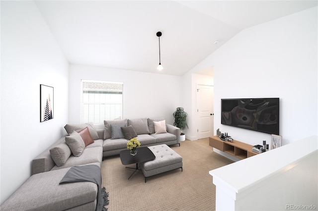 living room with light colored carpet and lofted ceiling