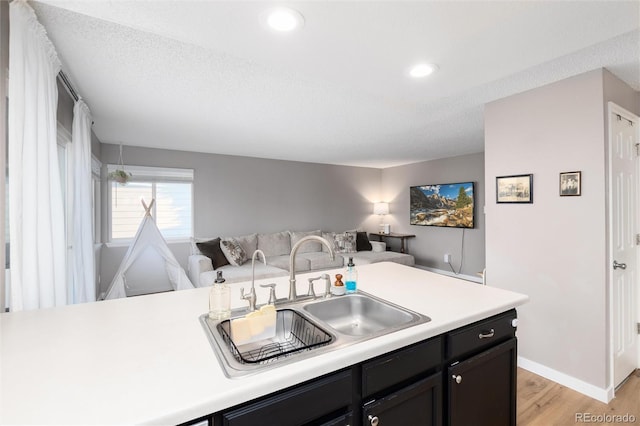 4304 S Genoa Ct, Centennial, CO 80015 - kitchen with open floor plan, light countertops, light wood-type flooring, dark cabinetry, and a textured ceiling