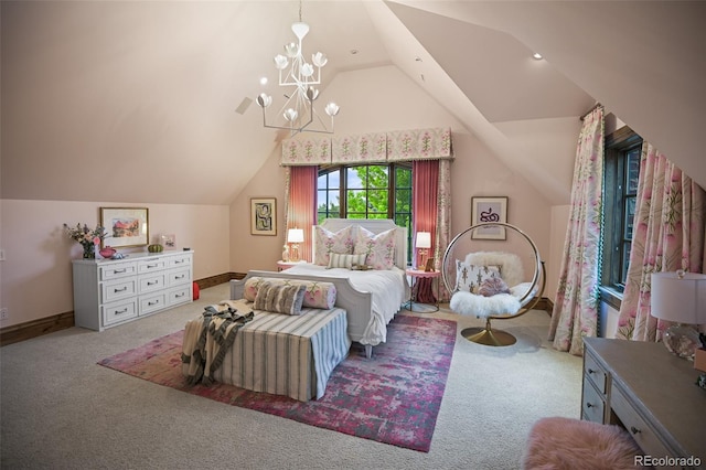 carpeted bedroom featuring lofted ceiling, a chandelier, and baseboards