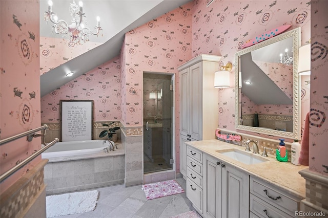 full bath featuring wallpapered walls, a stall shower, a bath, vanity, and a chandelier