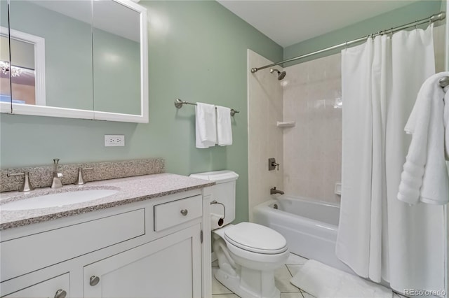 full bathroom featuring vanity, toilet, tile patterned floors, and shower / tub combo with curtain