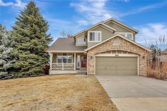 21541 Unbridled Ave, Parker, CO 80138 - view of front of property with covered porch, stone siding, concrete driveway, an attached garage, and a shingled roof
