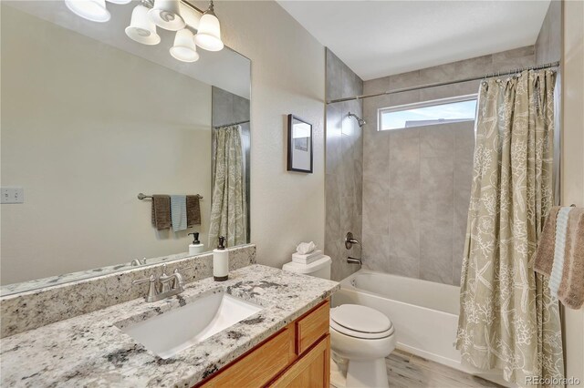 21541 Unbridled Ave, Parker, CO 80138 - bathroom with shower / bathtub combination with curtain, toilet, vanity, and wood finished floors