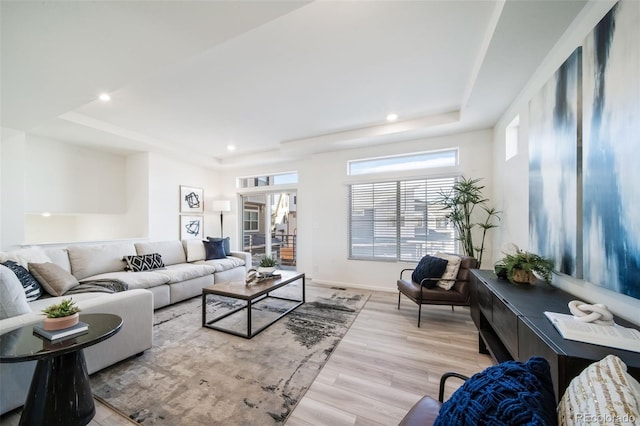 living room featuring light wood-type flooring and a raised ceiling