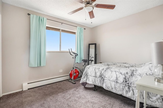 bedroom featuring a baseboard radiator, carpet floors, and a textured ceiling