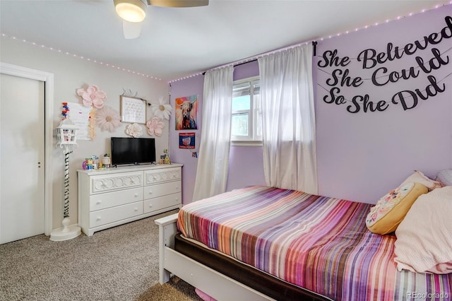 bedroom featuring carpet and ceiling fan