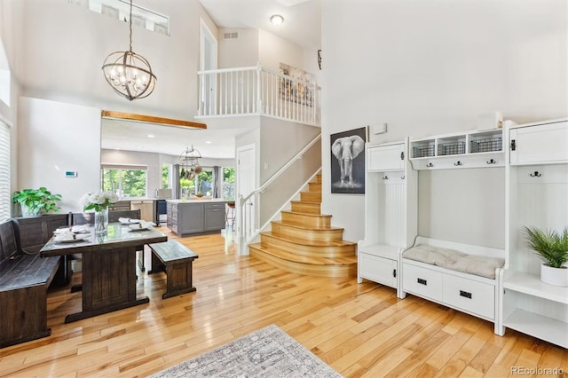 1441 Cherry Pl, Erie, CO 80516 - mudroom with a towering ceiling, light wood-style flooring, a chandelier, and wine cooler