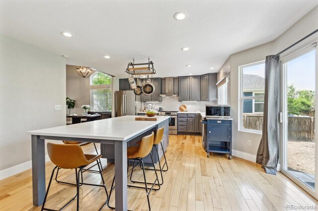 1441 Cherry Pl, Erie, CO 80516 - kitchen featuring appliances with stainless steel finishes, wall chimney exhaust hood, light countertops, a kitchen island, and light wood-type flooring