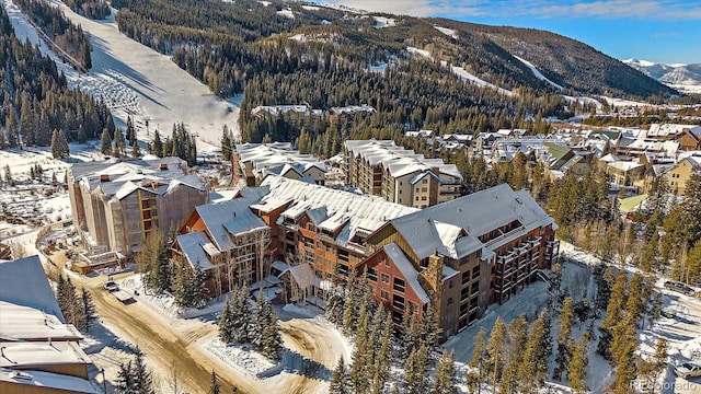 snowy aerial view featuring a mountain view