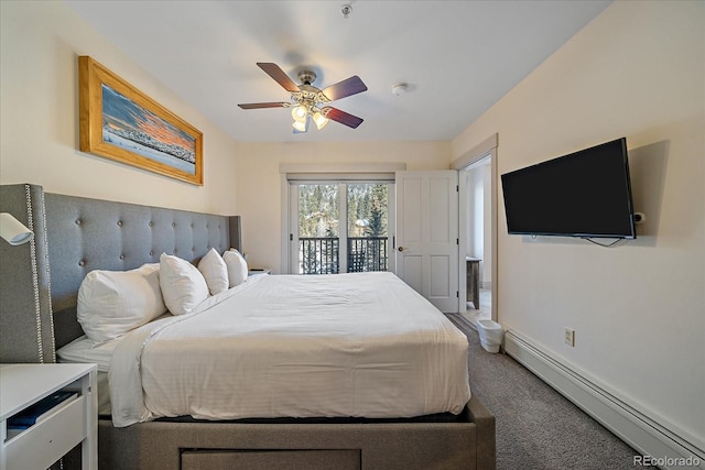 carpeted bedroom featuring ceiling fan, baseboard heating, and access to exterior