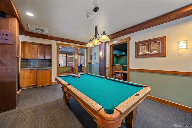 rec room featuring pool table and dark carpet