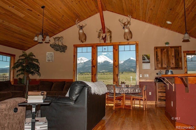 living room featuring a healthy amount of sunlight, wood ceiling, a mountain view, and hardwood / wood-style floors