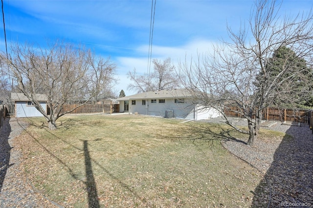 rear view of house with a yard and a fenced backyard