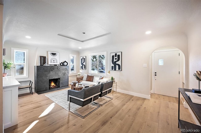 living room featuring a high end fireplace and light wood-type flooring