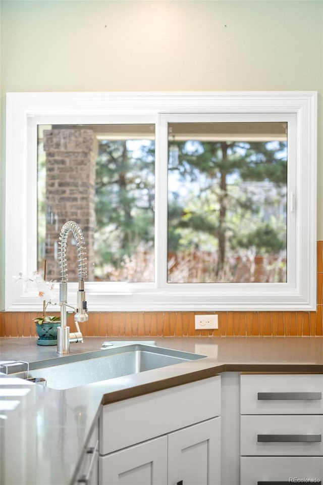 room details featuring white cabinets and a sink