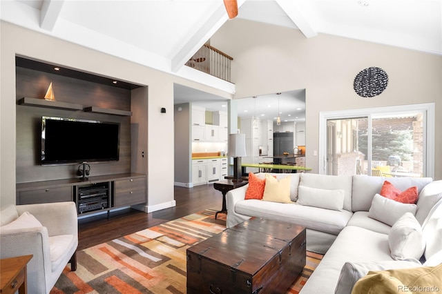 living room featuring beamed ceiling, baseboards, high vaulted ceiling, and dark wood finished floors