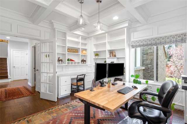 office space featuring dark wood finished floors, coffered ceiling, ornamental molding, and beam ceiling