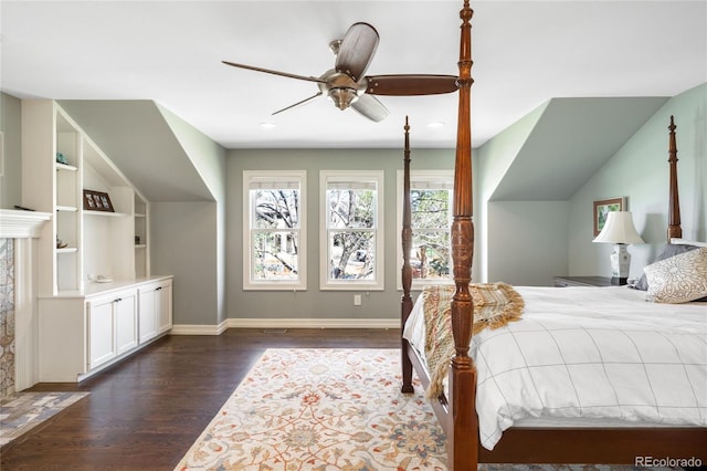 bedroom featuring recessed lighting, ceiling fan, baseboards, and dark wood-style flooring