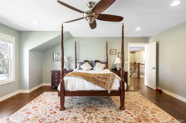 bedroom with visible vents, baseboards, wood finished floors, and recessed lighting