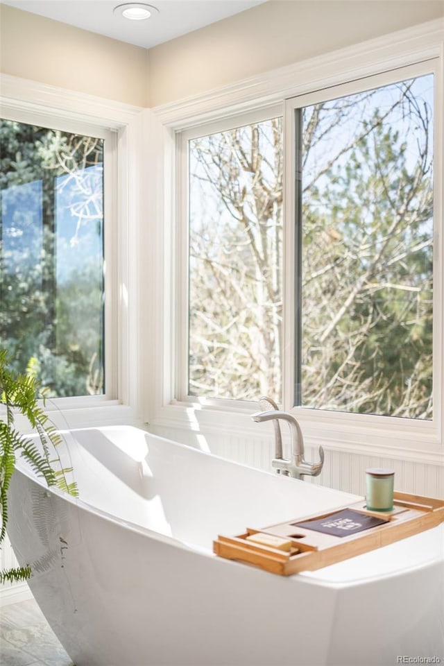 bathroom with a soaking tub and plenty of natural light