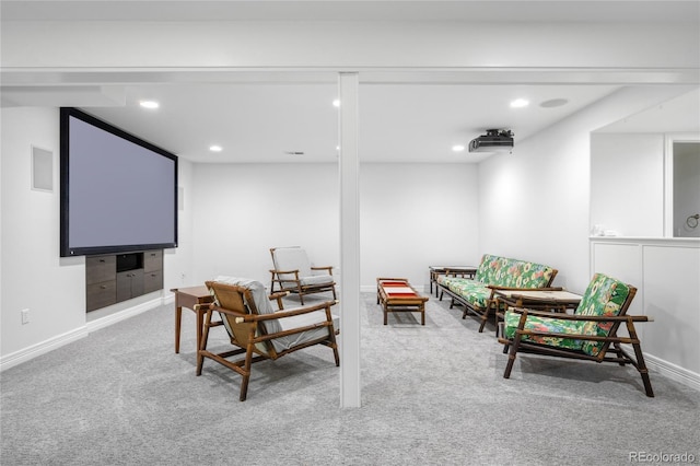 home theater featuring baseboards, carpet flooring, and recessed lighting