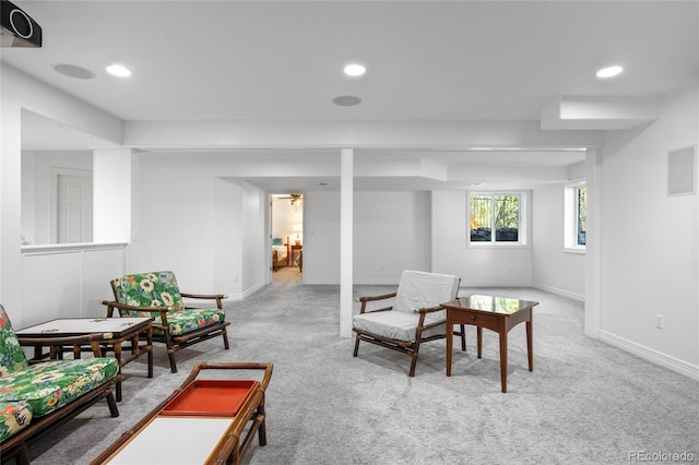 living area with recessed lighting, carpet, and baseboards