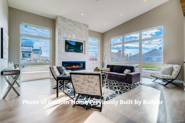 living room featuring wood-type flooring, a fireplace, and vaulted ceiling